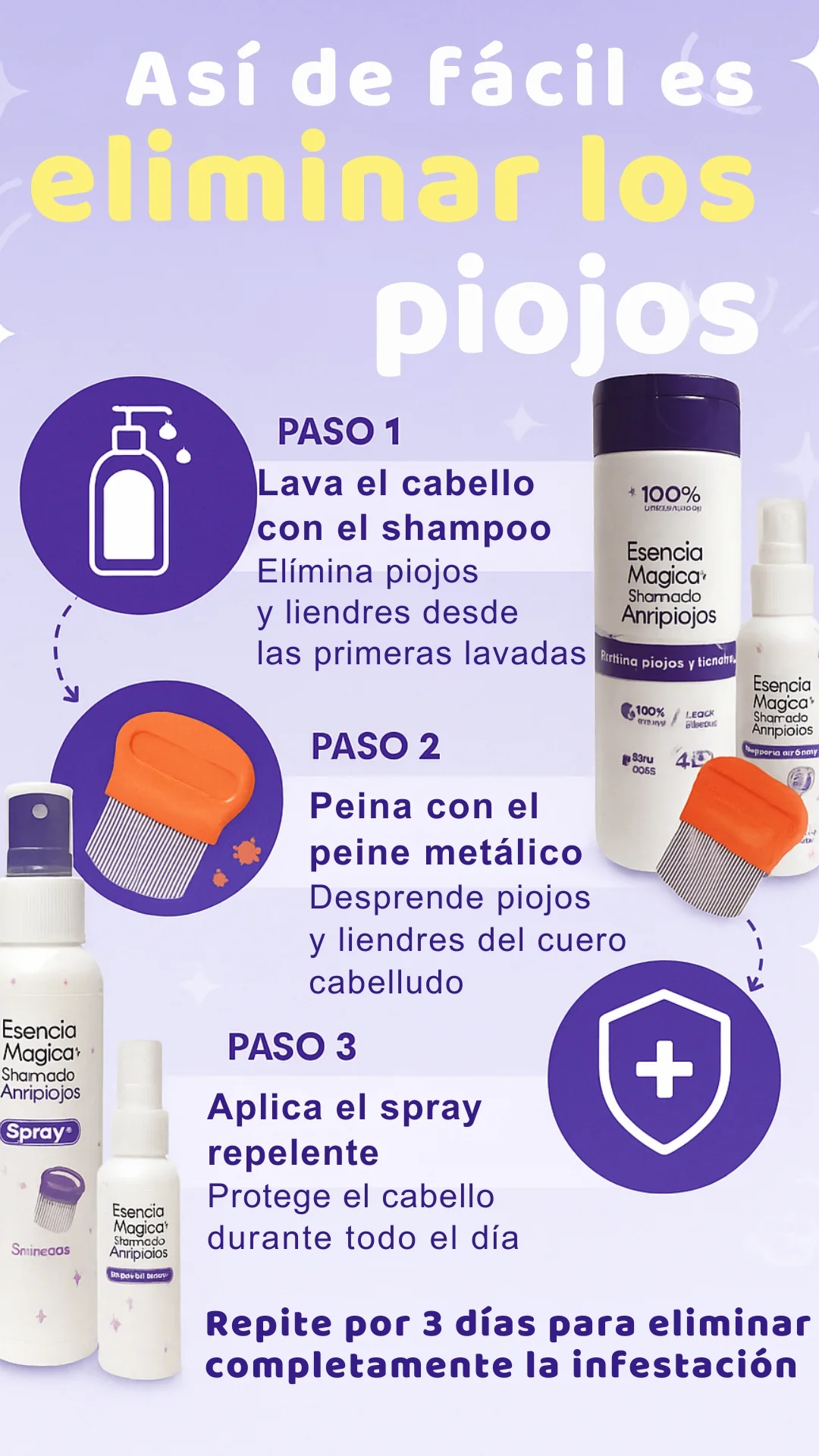Esencia Mágica – Tratamiento Antipiojos Natural + Spray Preventivo + Peine