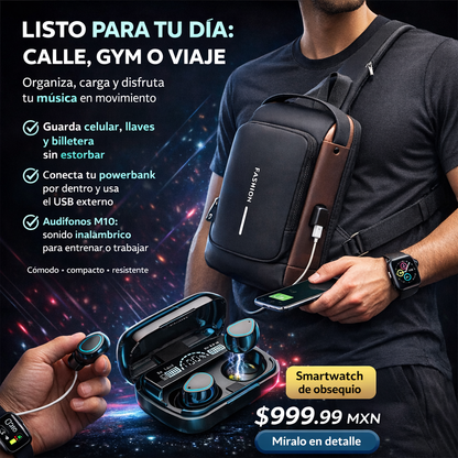 COMBO RIÑONERA IMPERMEABLE USB + AUDIFONOS M10 + SMARTWATCH DE OBSEQUIO 🎁