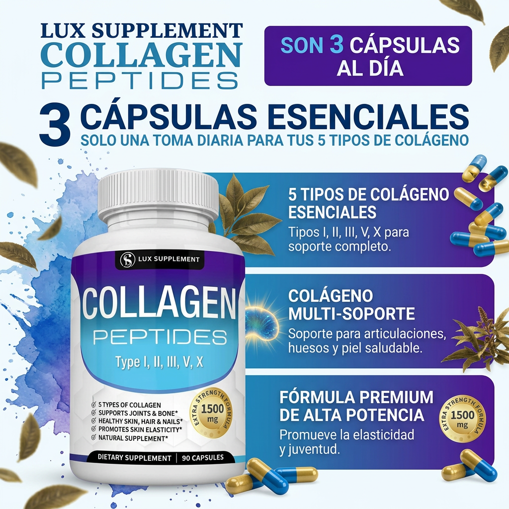 Toplux Complejo Multi-Colágeno 1800mg: 5 Tipos de Colágeno para Piel y Articulaciones (90 Cápsulas)